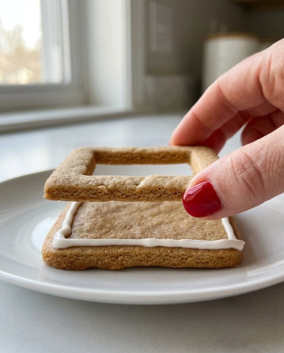 A hand using a funnel to layer flour into a glass gift jar.