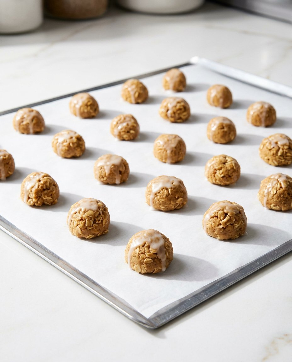 Close up of cookie dough being scooped onto a parchment lined baking sheet.