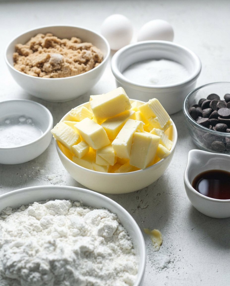 Simple ingredients for soft batch cookies including flour, sugars, and sour cream