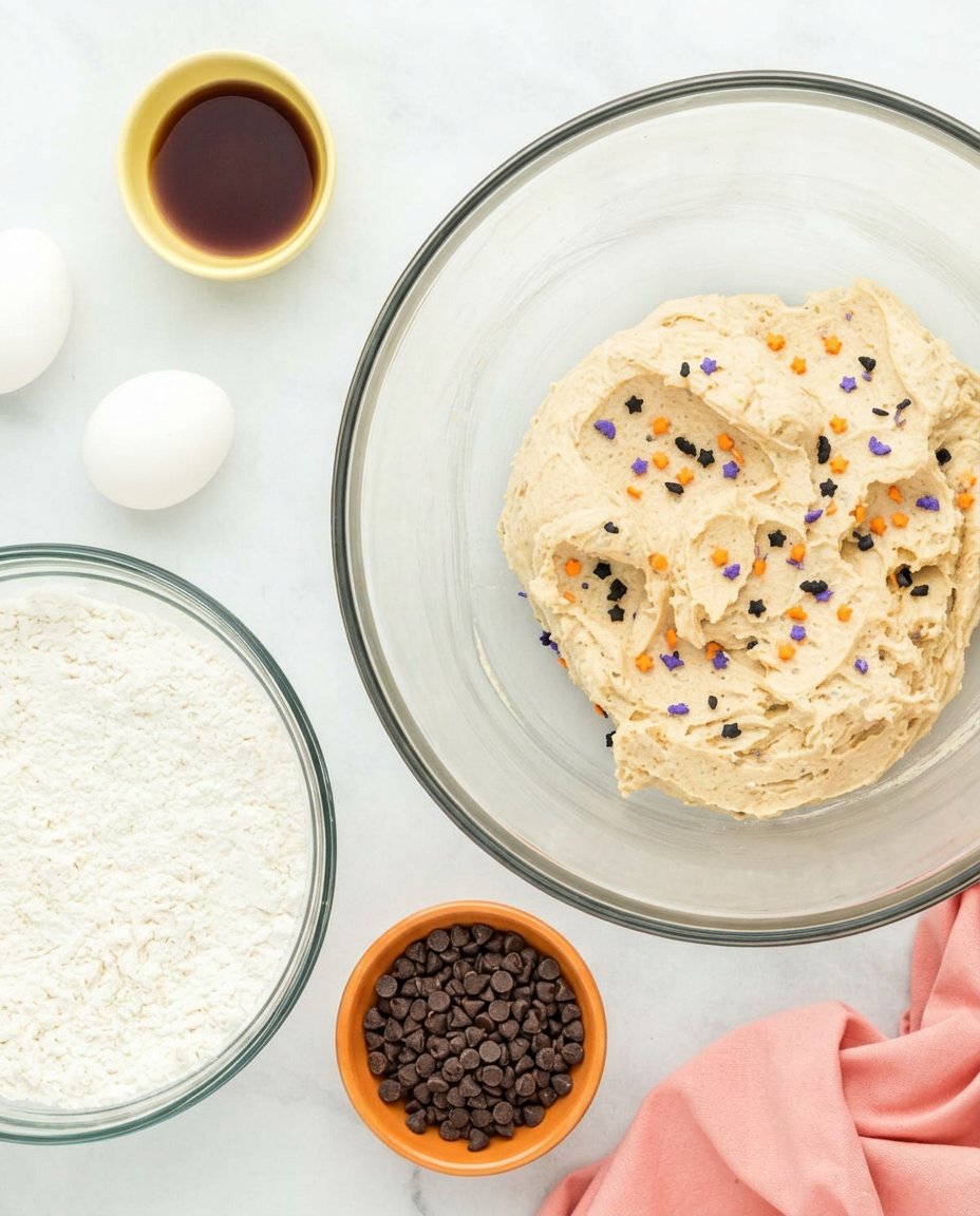 Ingredients for soft chocolate chip cookies including brown sugar and butter