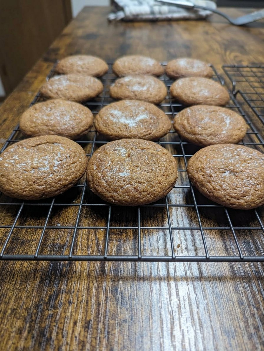 A plate of molasses cookies next to a cold glass of milk on a cozy table