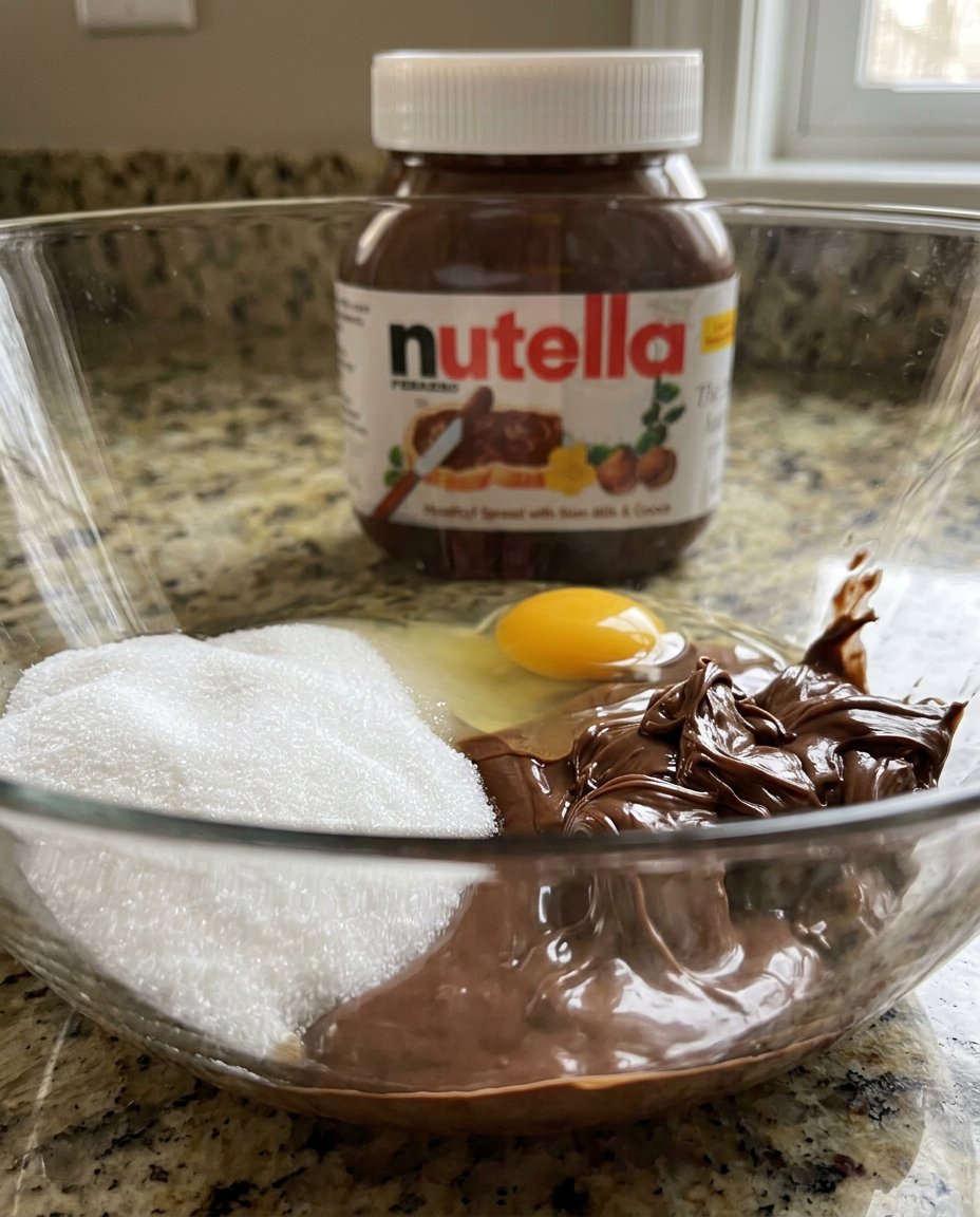 A bowl of hazelnut spread next to a bowl of sugar and a single egg.