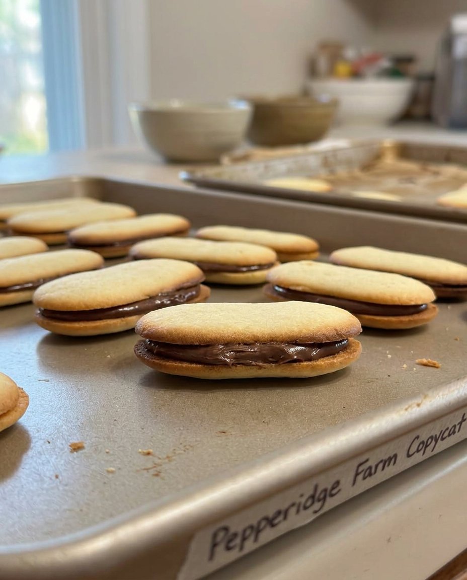 Chocolate oat sandwich cookies stacked inside a clear glass cookie jar