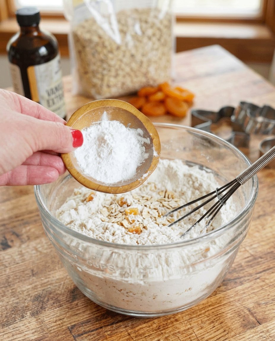 A tray of ingredients for oatmeal apricot cookies including oats, dried apricots, and maple syrup.
