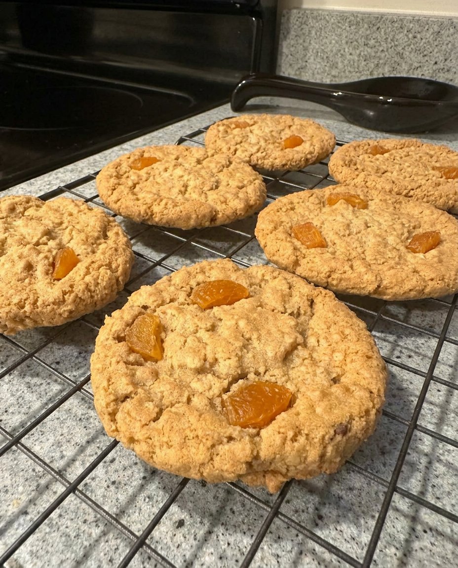 Two oatmeal apricot cookies stacked next to a tall glass of milk.