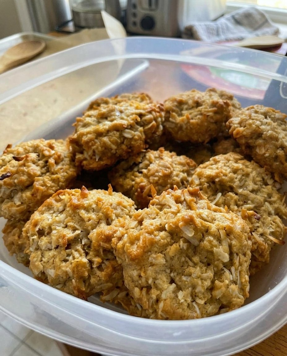 A glass cookie jar filled with oatmeal coconut cookies next to a glass of milk.