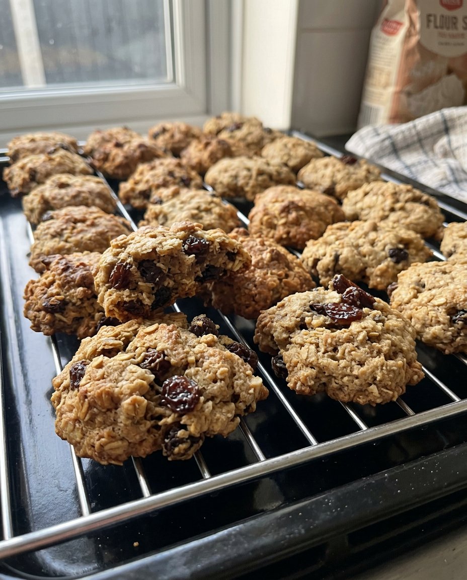 Two oatmeal raisin cookies leaning against a glass of cold milk