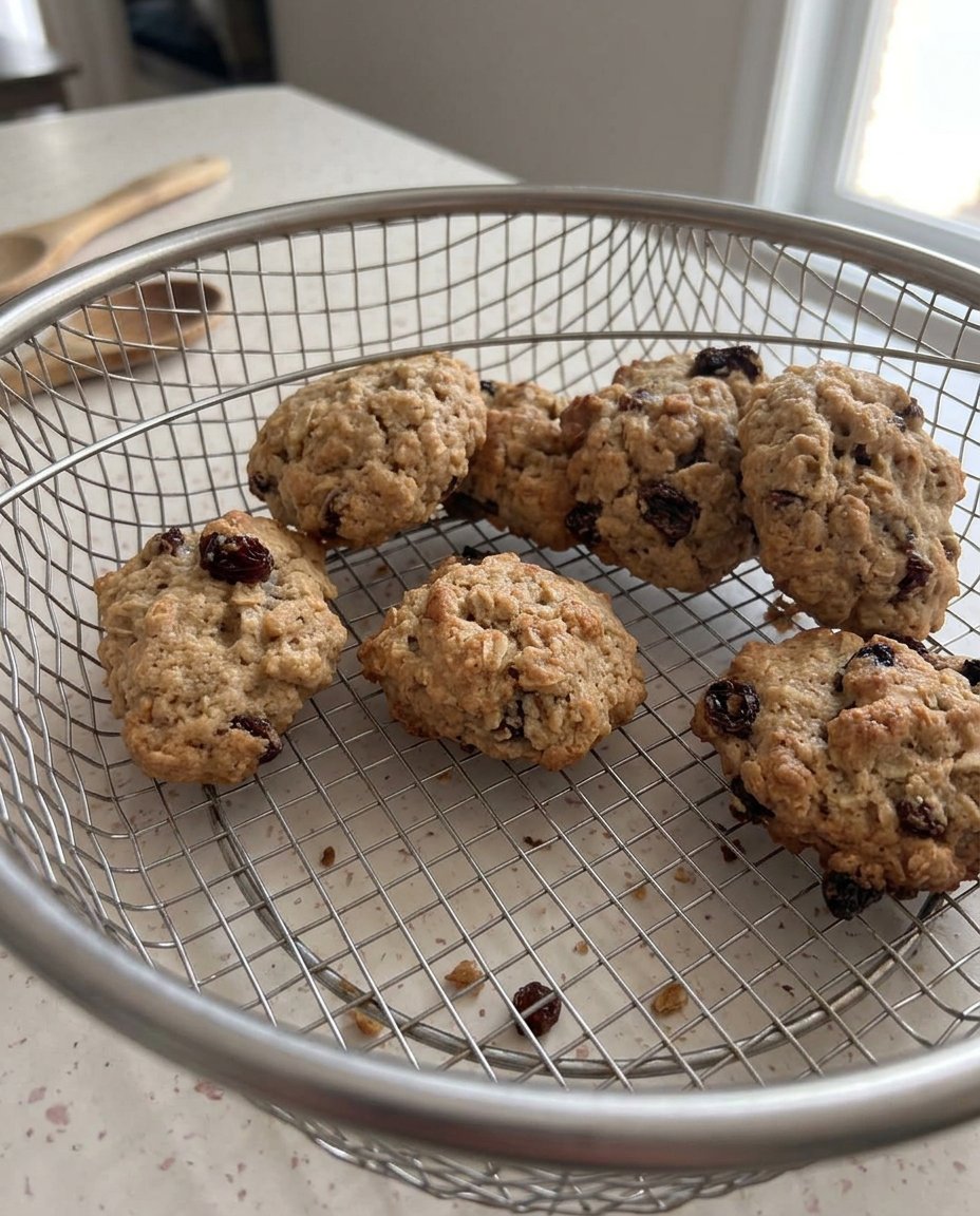A stack of oatmeal raisin cranberry cookies next to a glass of cold milk.