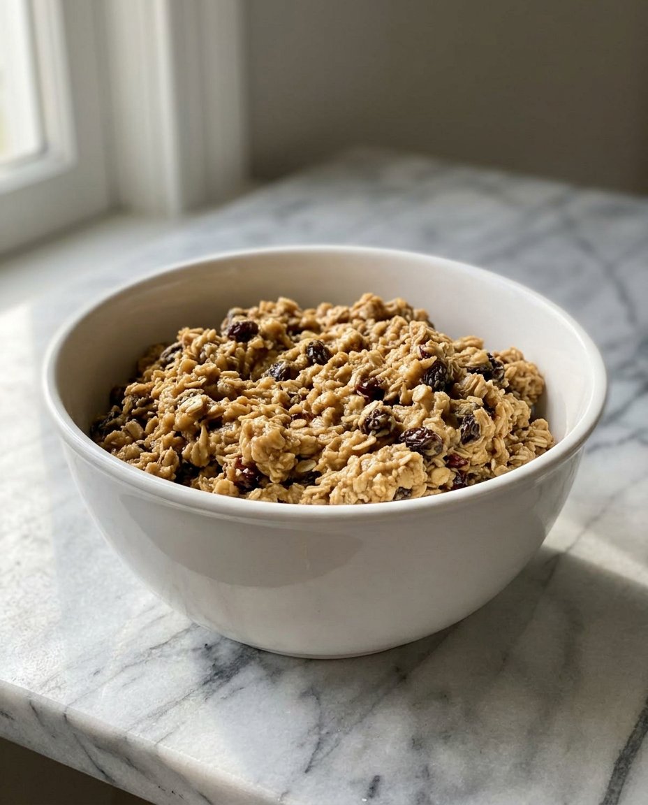 Pantry staples like oats, raisins, cranberries, and cinnamon arranged on a kitchen counter.