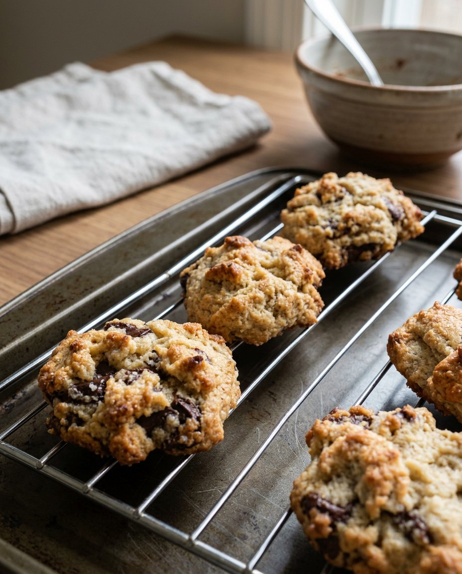 A stack of thick paleo chocolate chip cookies on a vintage plate.