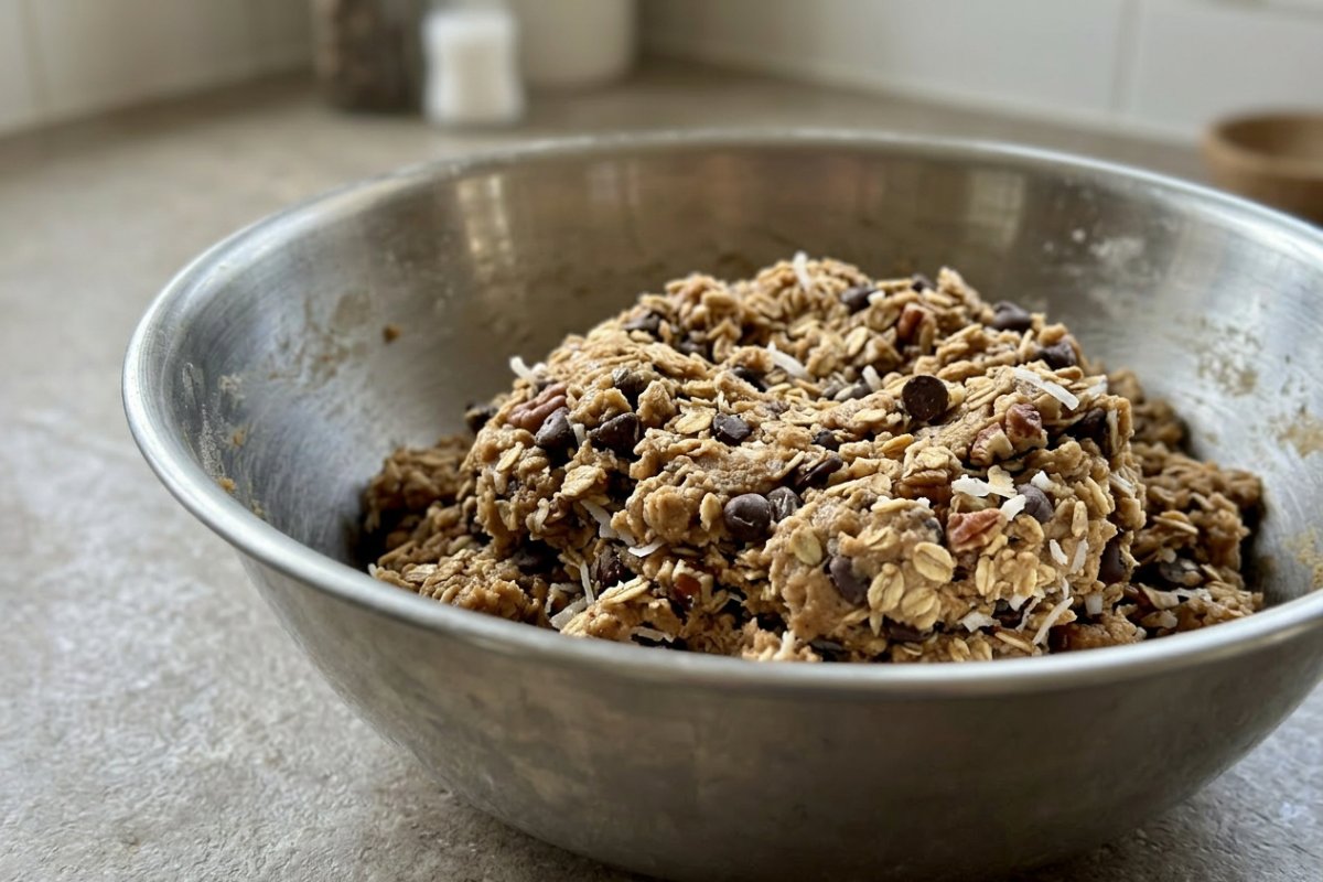 Paleo cookie dough balls being scooped onto a baking sheet