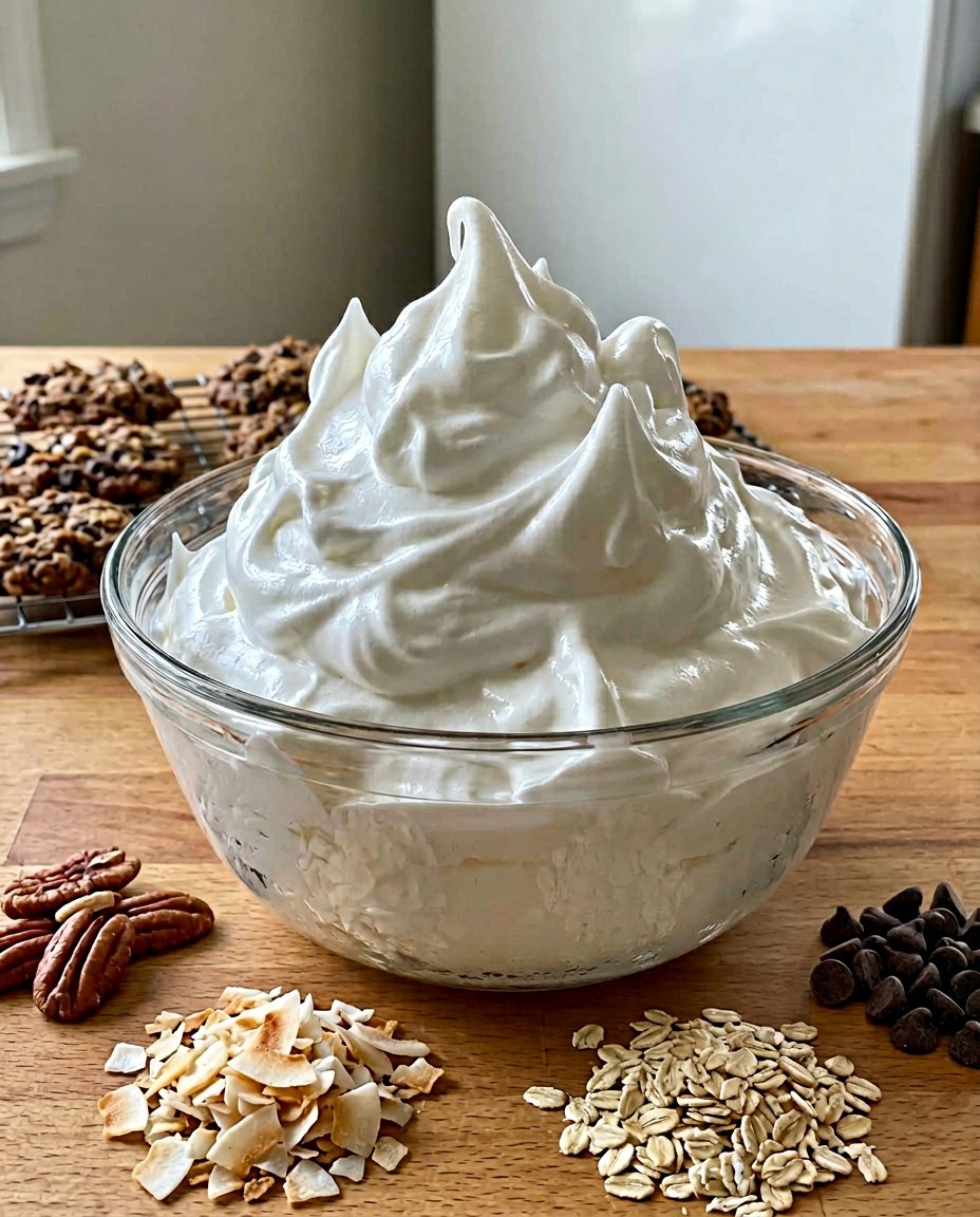 Bowls of oats pecans coconut and chocolate chips on a kitchen counter