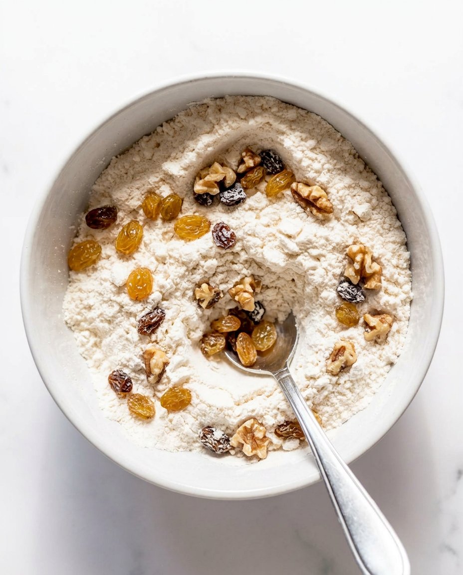 A collection of simple ingredients including rolled oats, brown sugar, walnuts, and raisins on a wooden table.