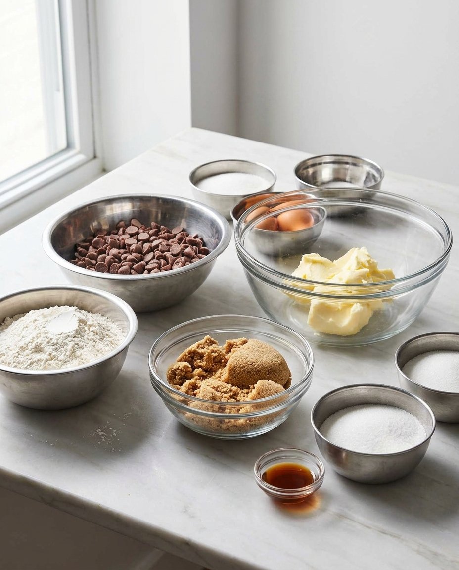 Simple ingredients like flour, sugar, butter, and eggs arranged on a kitchen counter.