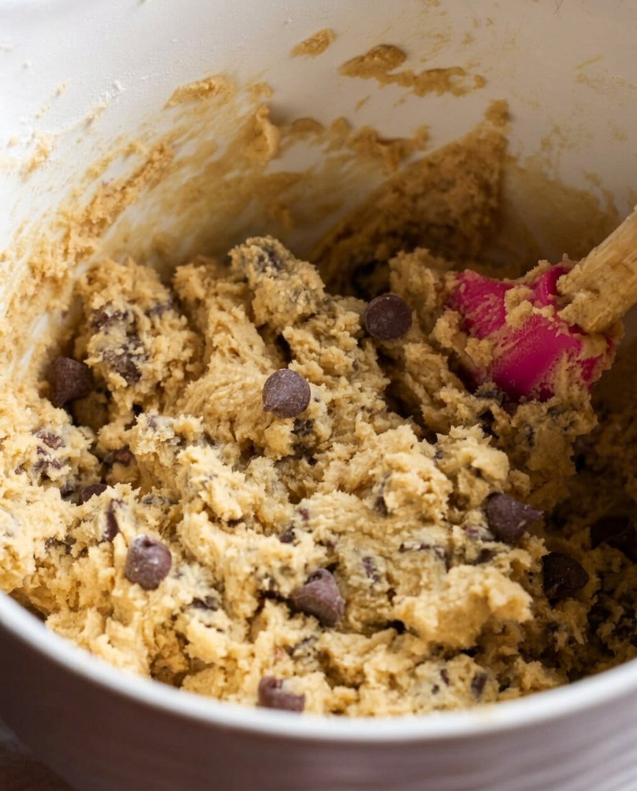 Simple baking ingredients including flour, sugar, butter, and milk chocolate chips arranged on a wooden table.