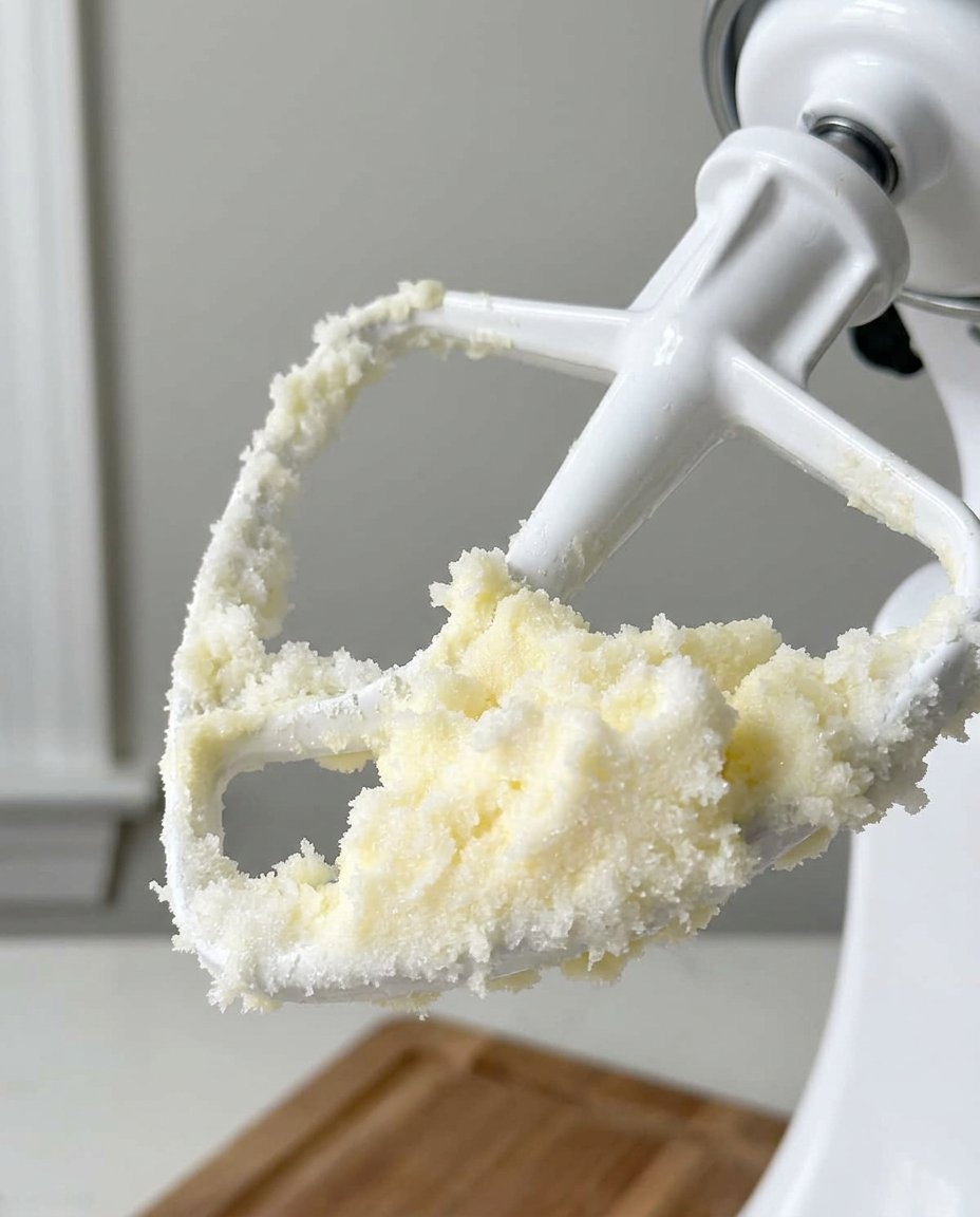 Simple ingredients like butter, sugar, flour, and blue food coloring arranged on a wooden counter.