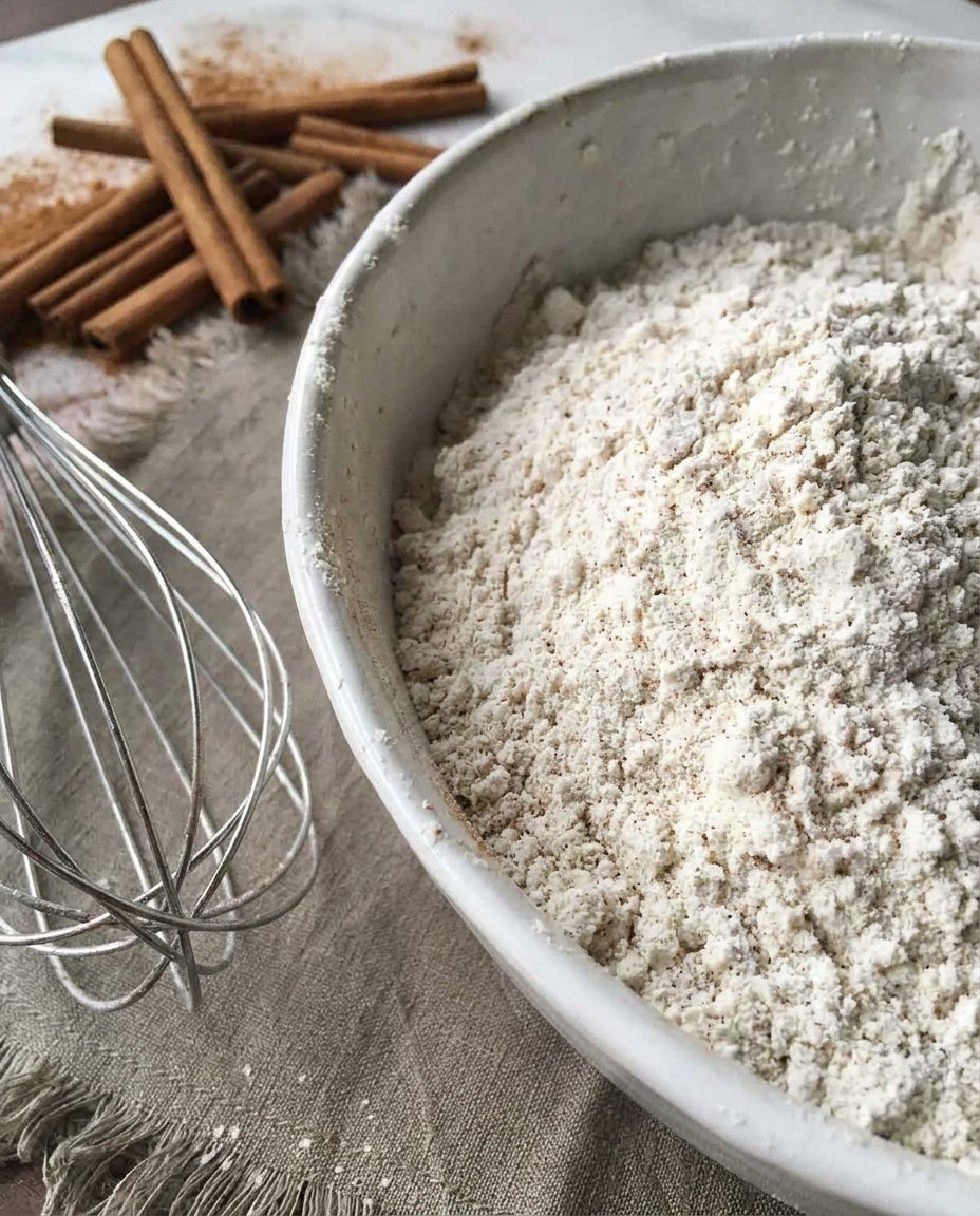 Bowl of gluten free flour, butter, and cinnamon on a rustic wooden table