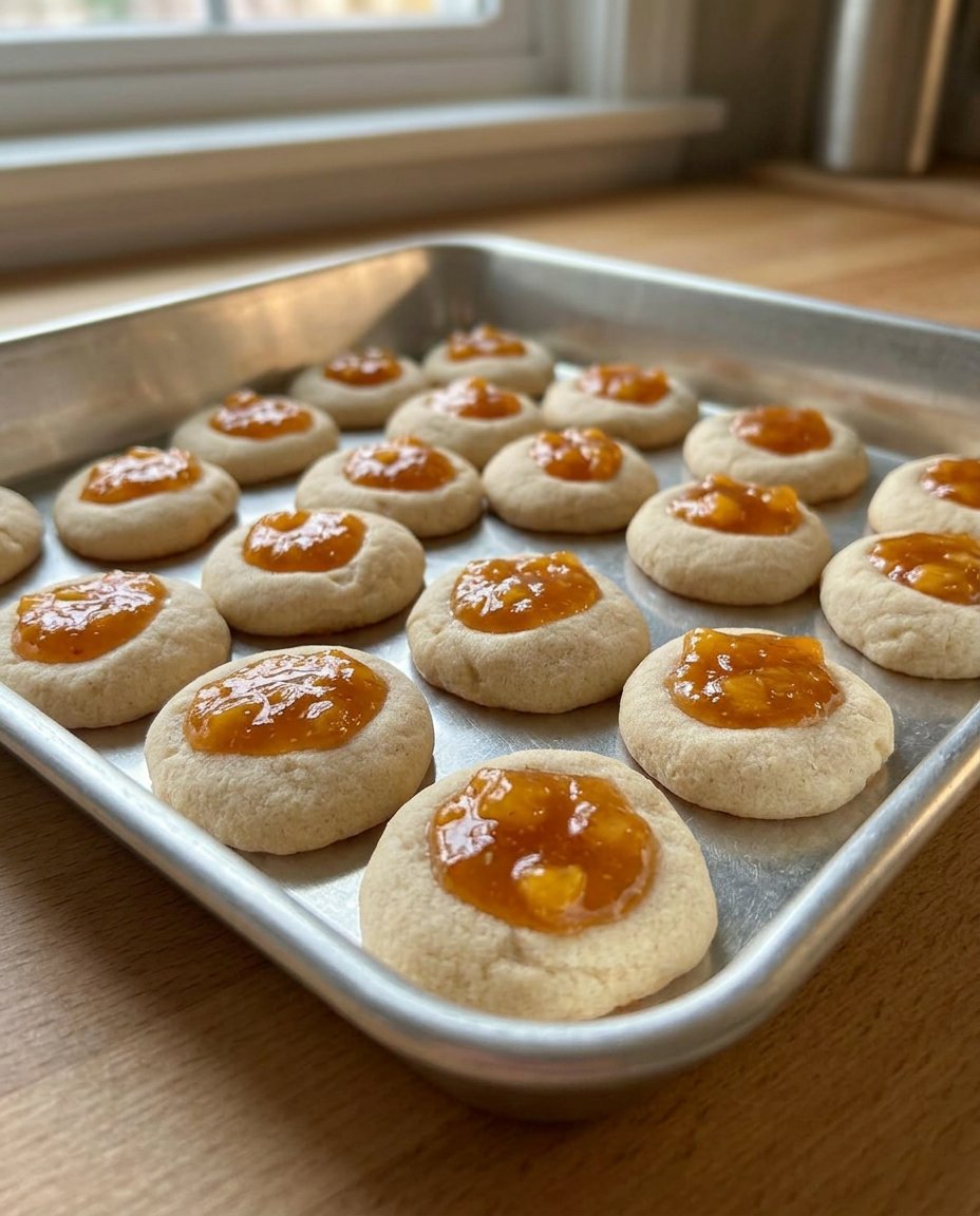 Ingredients for peach thumbprint cookies including butter flour and peach filling
