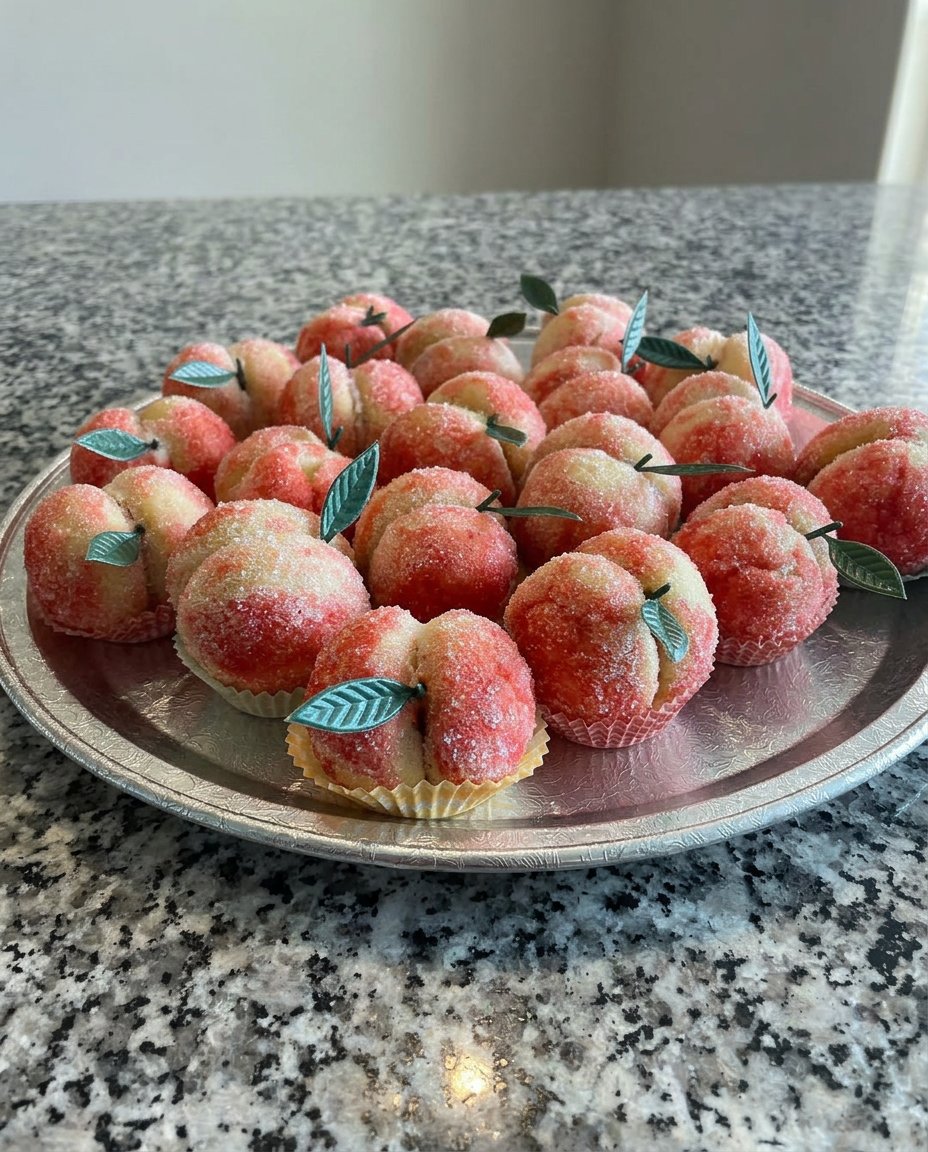Assembled peach cookies stored in a glass cookie jar