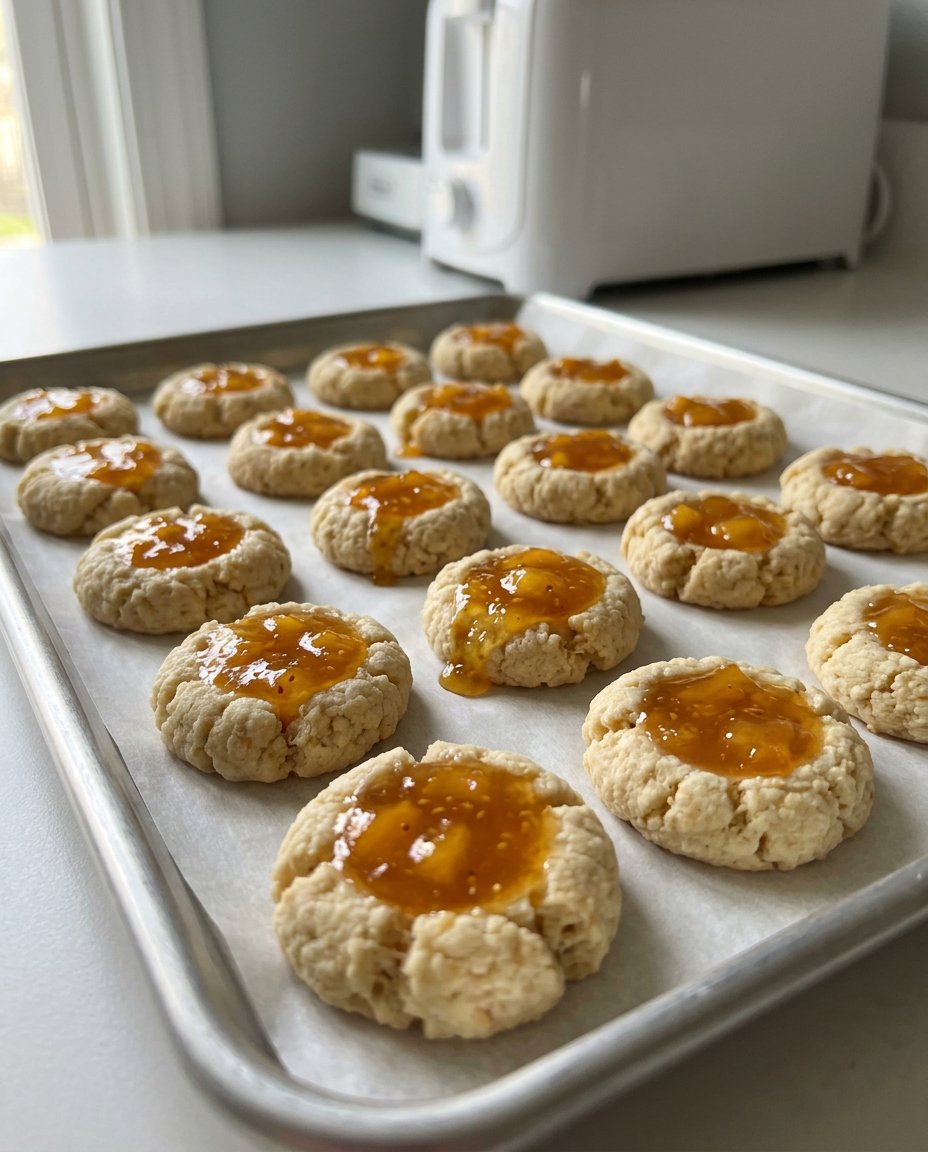 Freshly baked peach thumbprint cookies inside a glass cookie jar