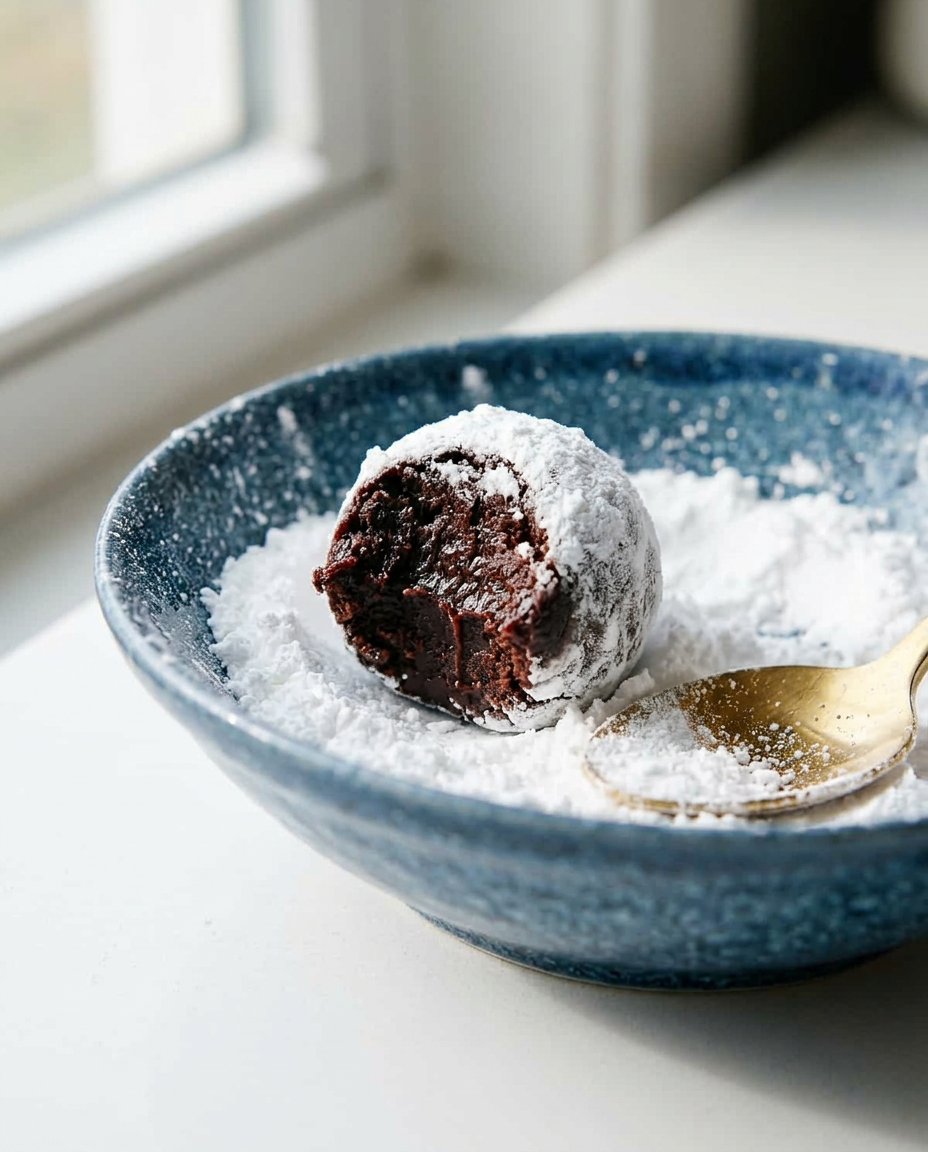 Chilled cookie dough being rolled in powdered sugar