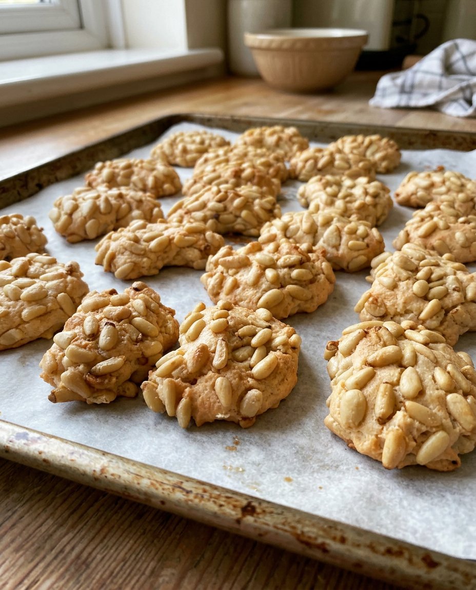 Traditional pignoli cookies with golden pine nuts on a vintage floral plate