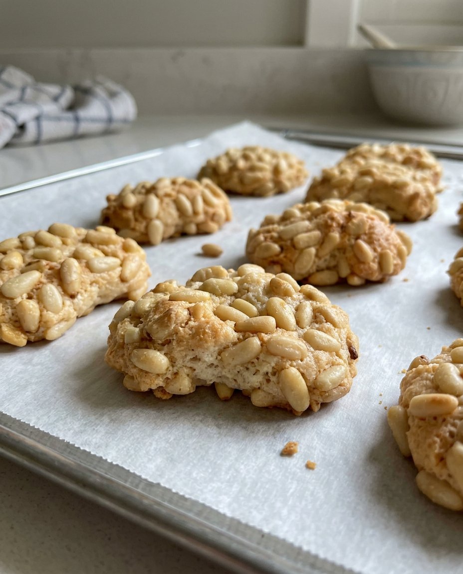 Pignoli cookies served next to a small cup of espresso
