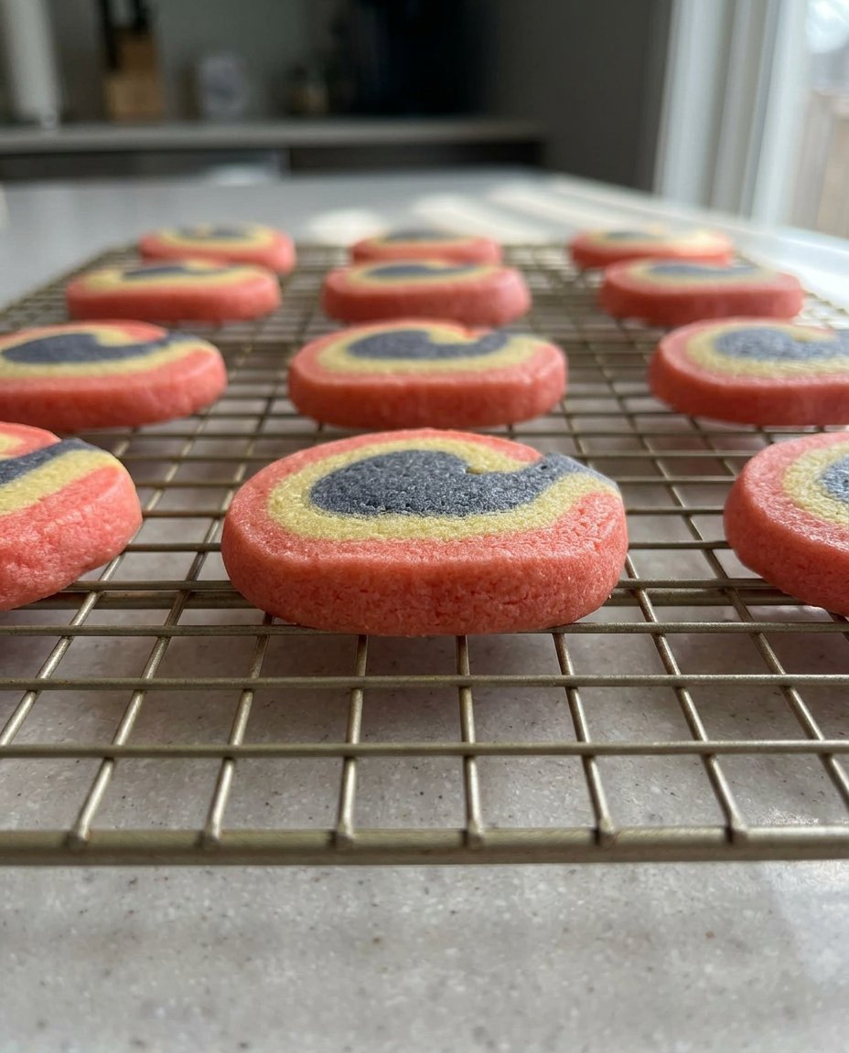 A stack of pinwheel cookies on a vintage plate next to a glass of milk