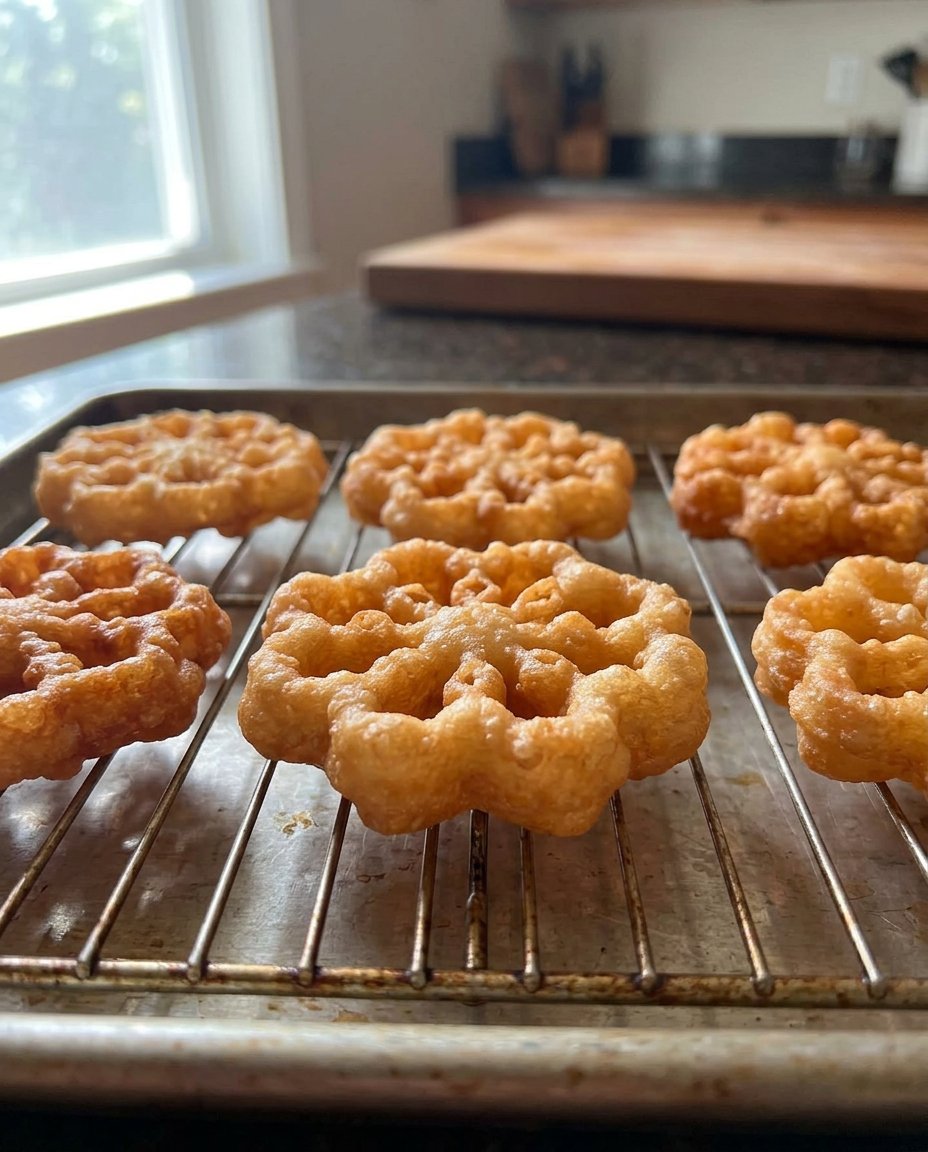 A stack of rosette cookies being sprinkled with powdered sugar