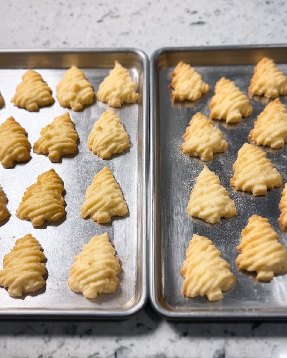 A hand using a cookie press to place spritz dough onto a silver baking sheet.