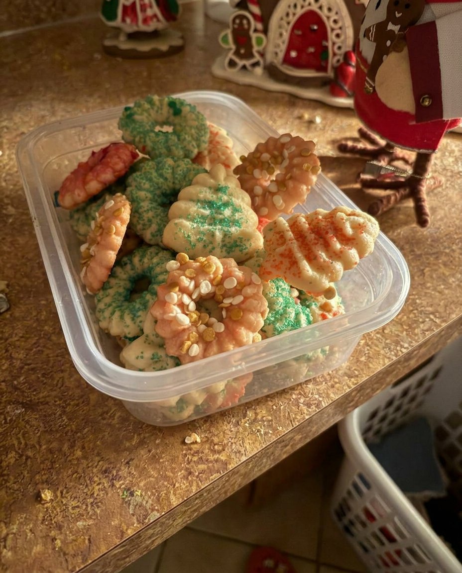 Using a cookie press to shape vanilla spritz dough on a baking sheet