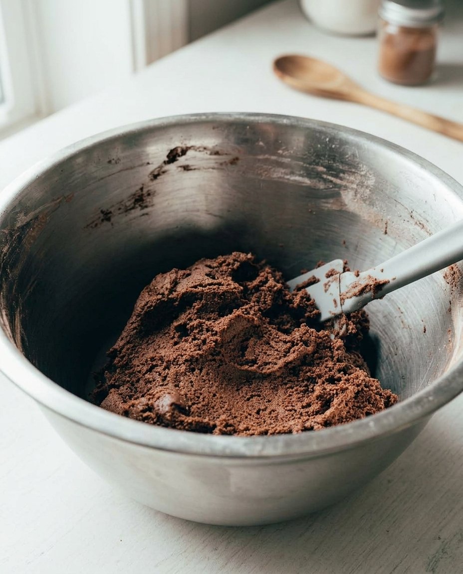 Pressing a thumbprint into chocolate cookie dough