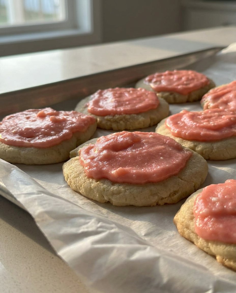 A close up of spreading pink frosting on a sugar cookie