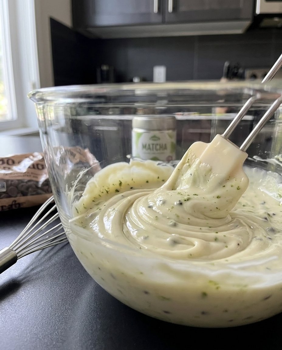 A person sifting green matcha powder into melted white chocolate