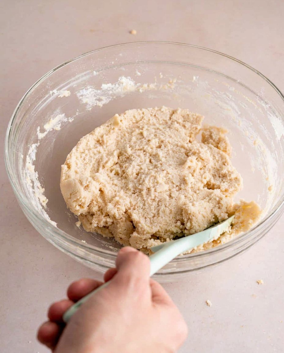 Rolling out shortbread dough on a floured surface