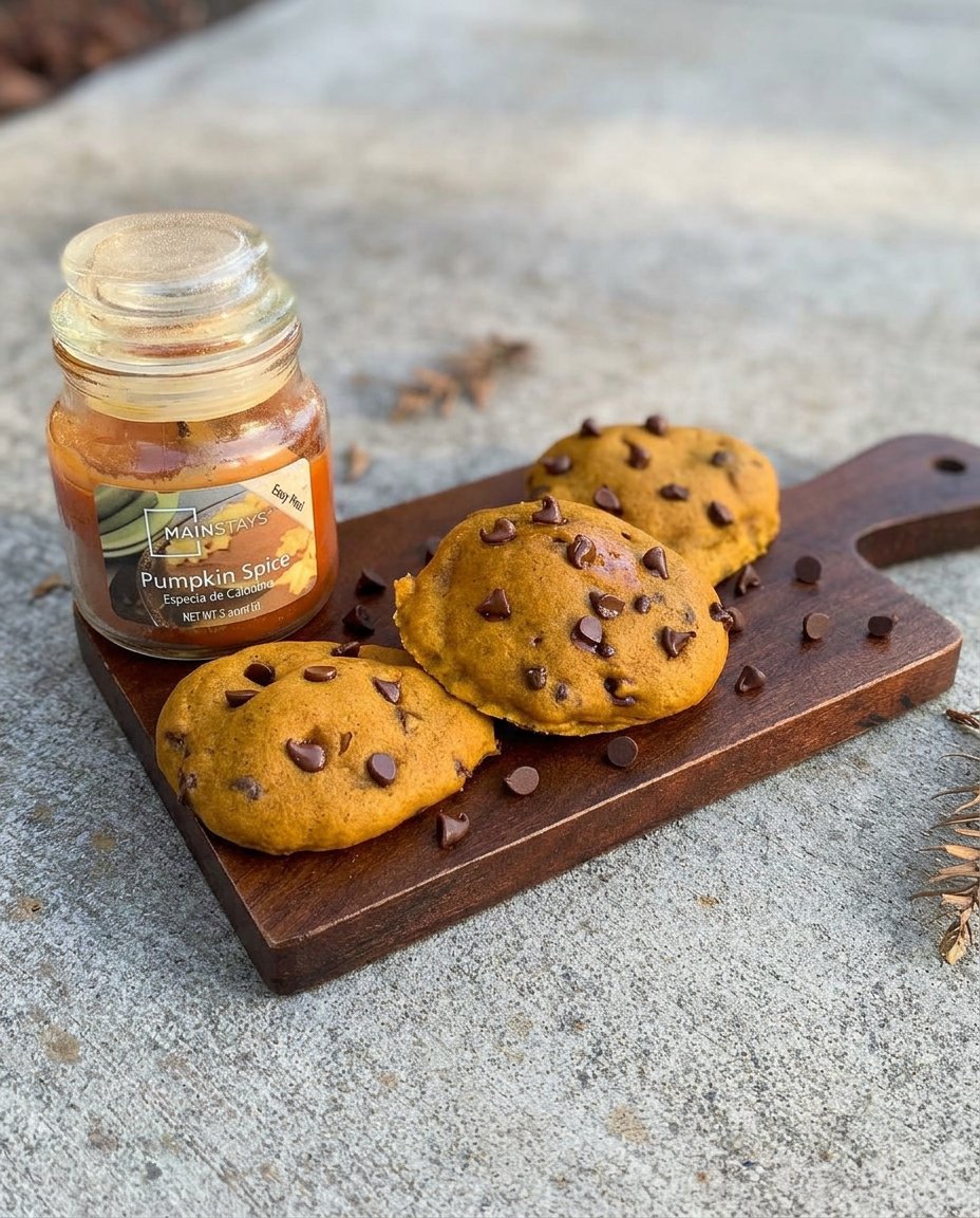 Pumpkin chocolate chip cookies stored in a classic glass cookie jar