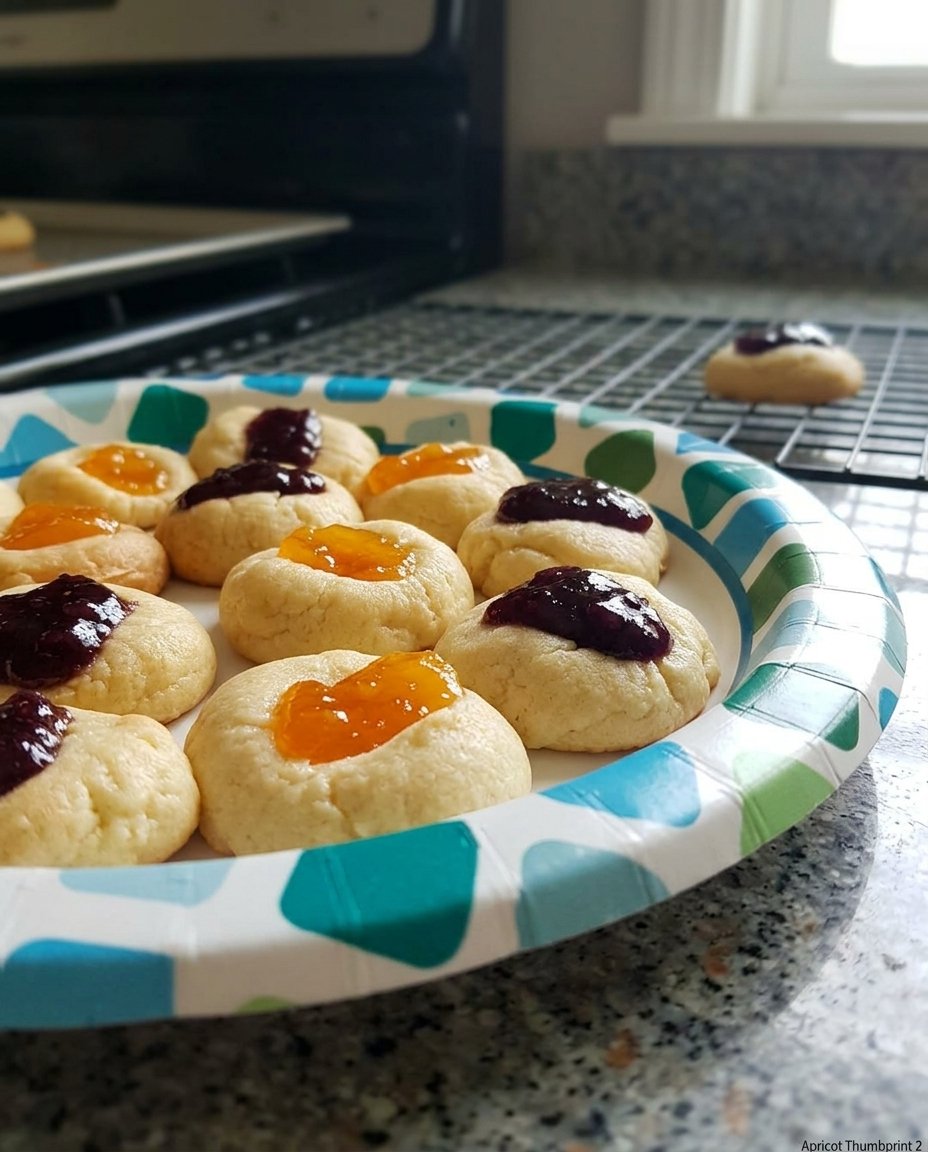 A tray of golden apricot thumbprint cookies with bright jam centers