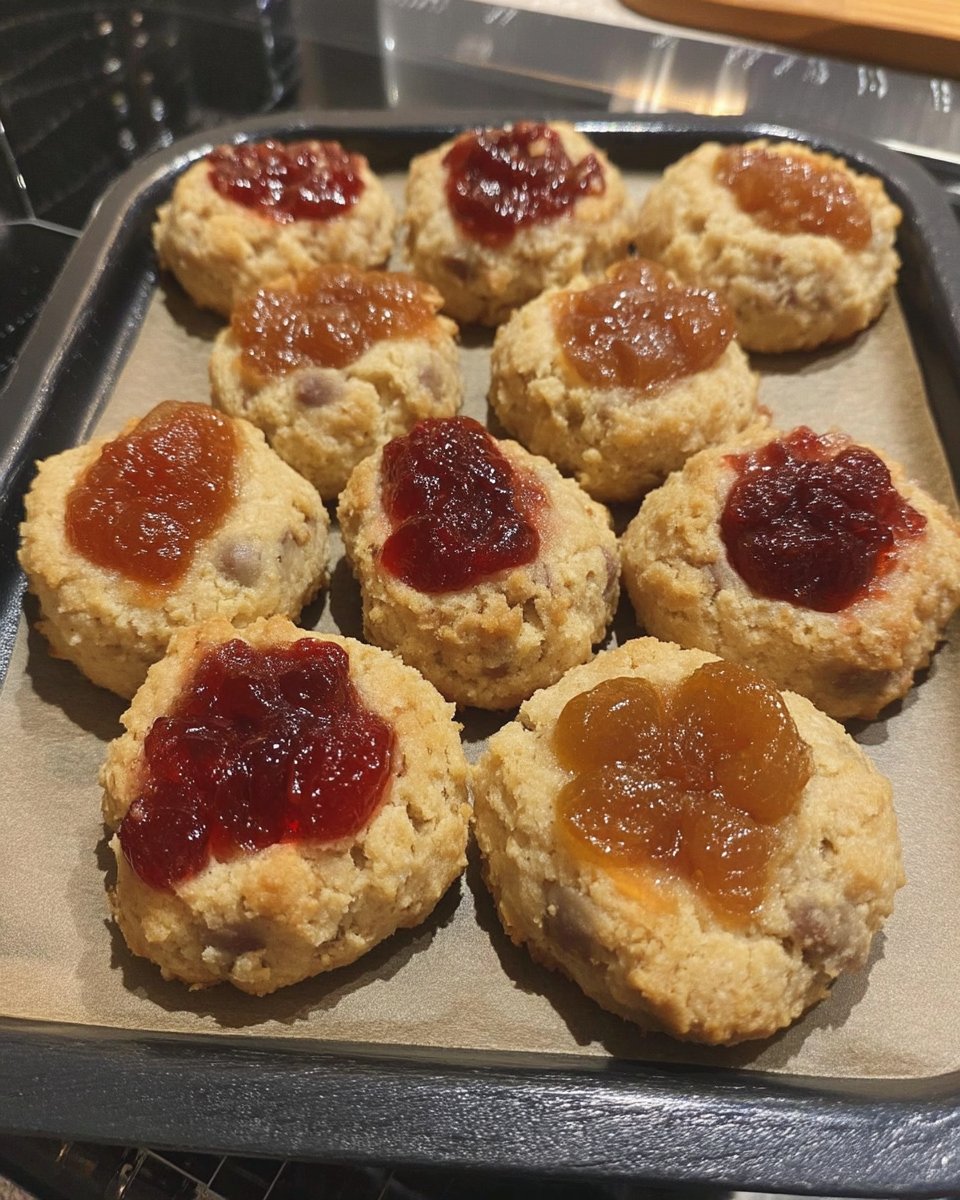 Freshly baked apricot thumbprint cookies on a cooling rack.