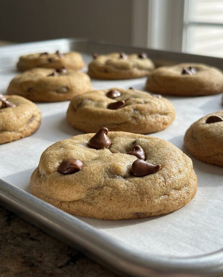 A stack of thick bakery style chocolate chip cookies on a cooling rack.