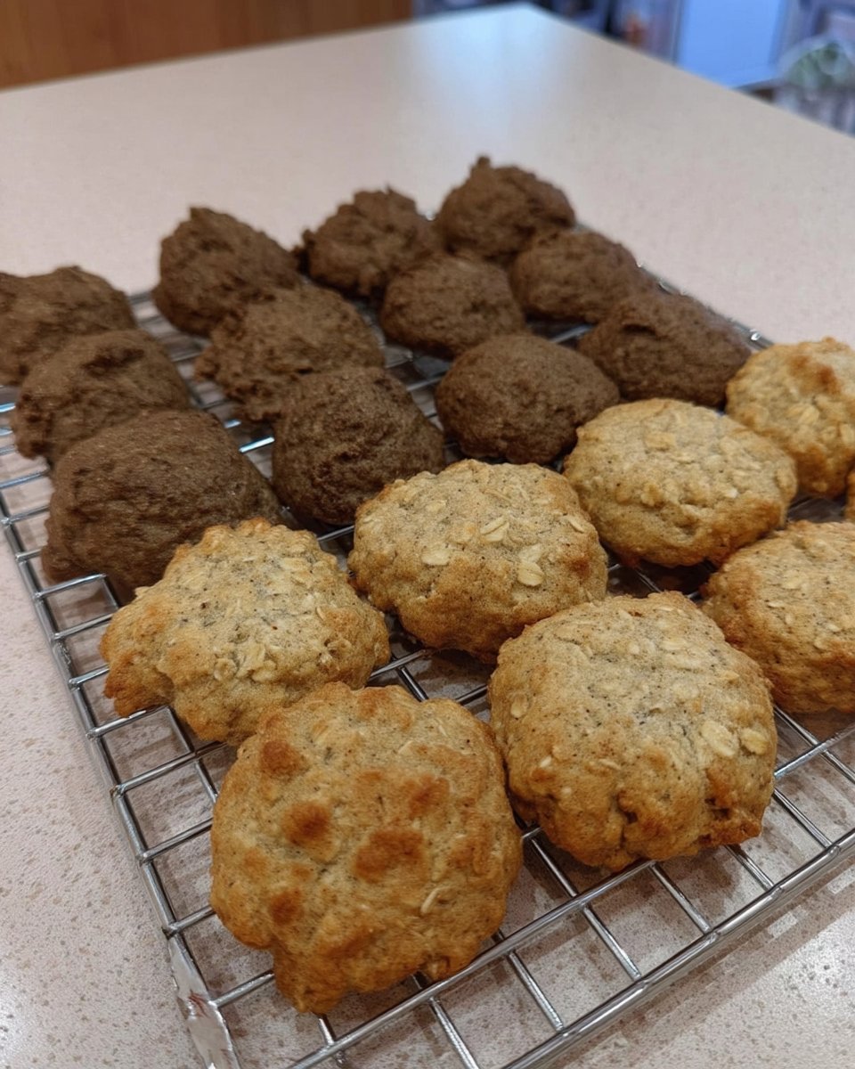A tray of golden brown oatmeal banana cookies on a rustic wooden table