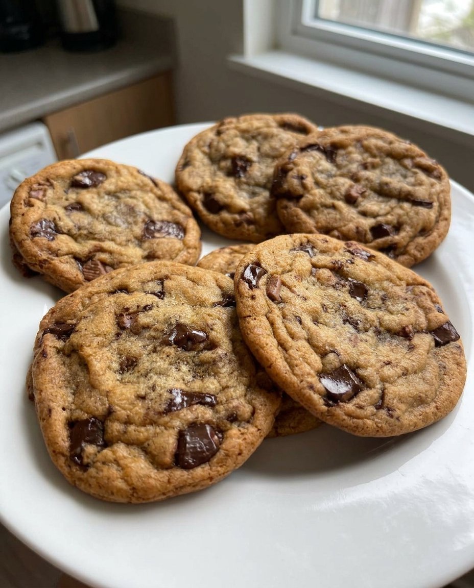 A stack of chewy chocolate chip cookies on a vintage plate.