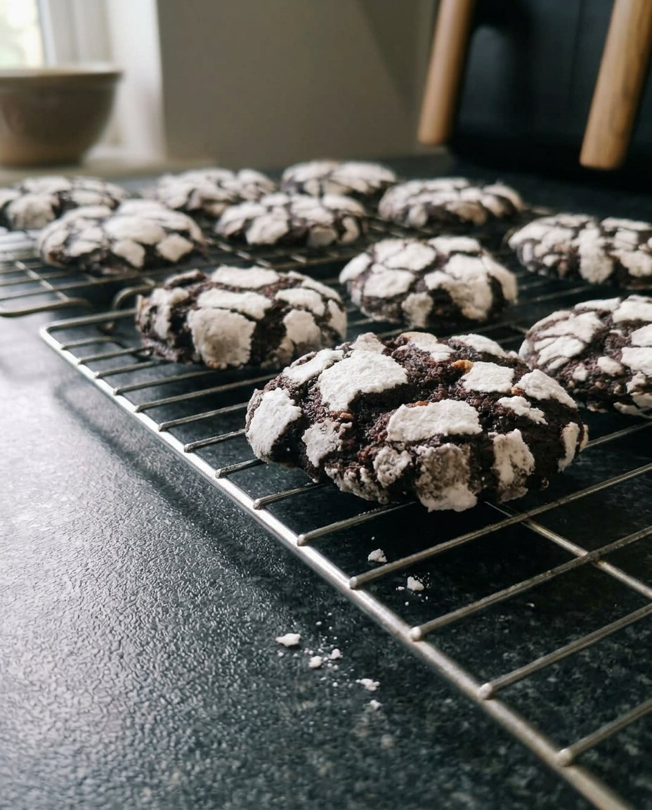 Fudgy chocolate crinkle cookies with powdered sugar
