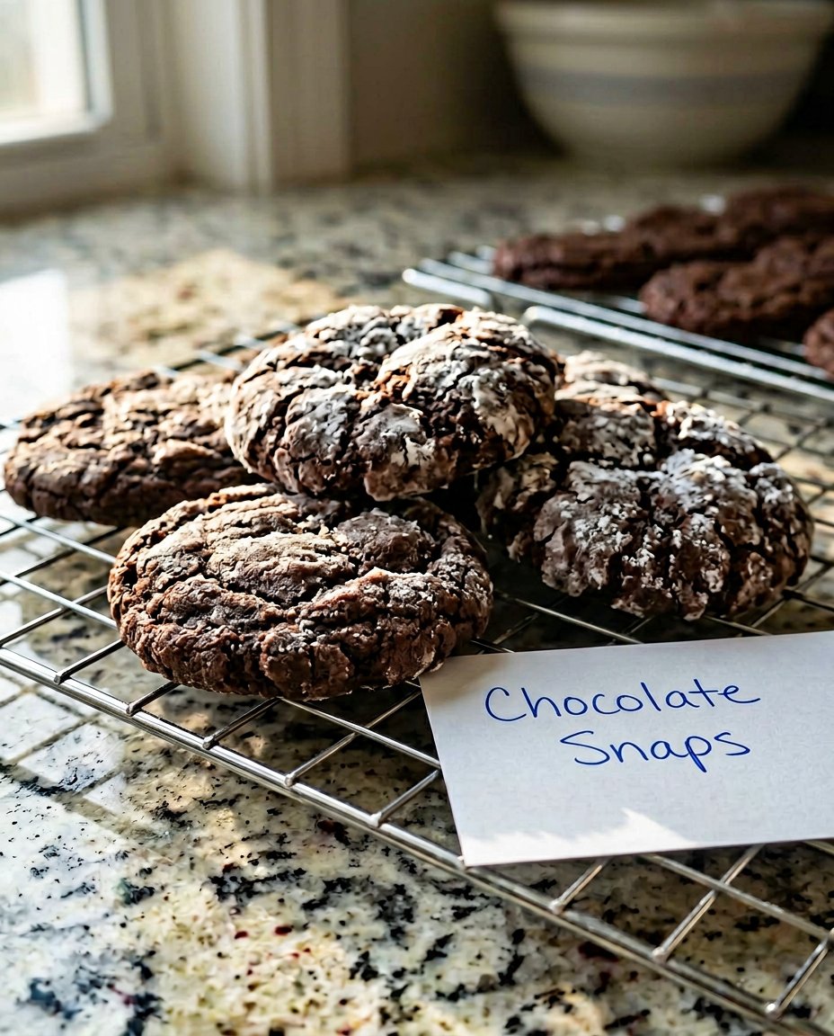 A pile of dark chocolate snaps with a crackled sugar coating on a cooling rack.