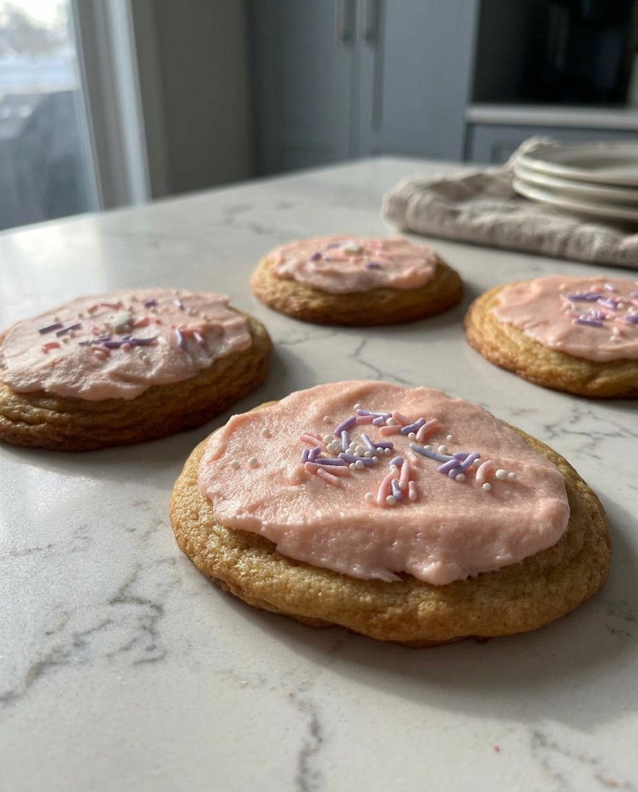 Soft and thick Crumbl sugar cookies with pink frosting on a cooling rack.