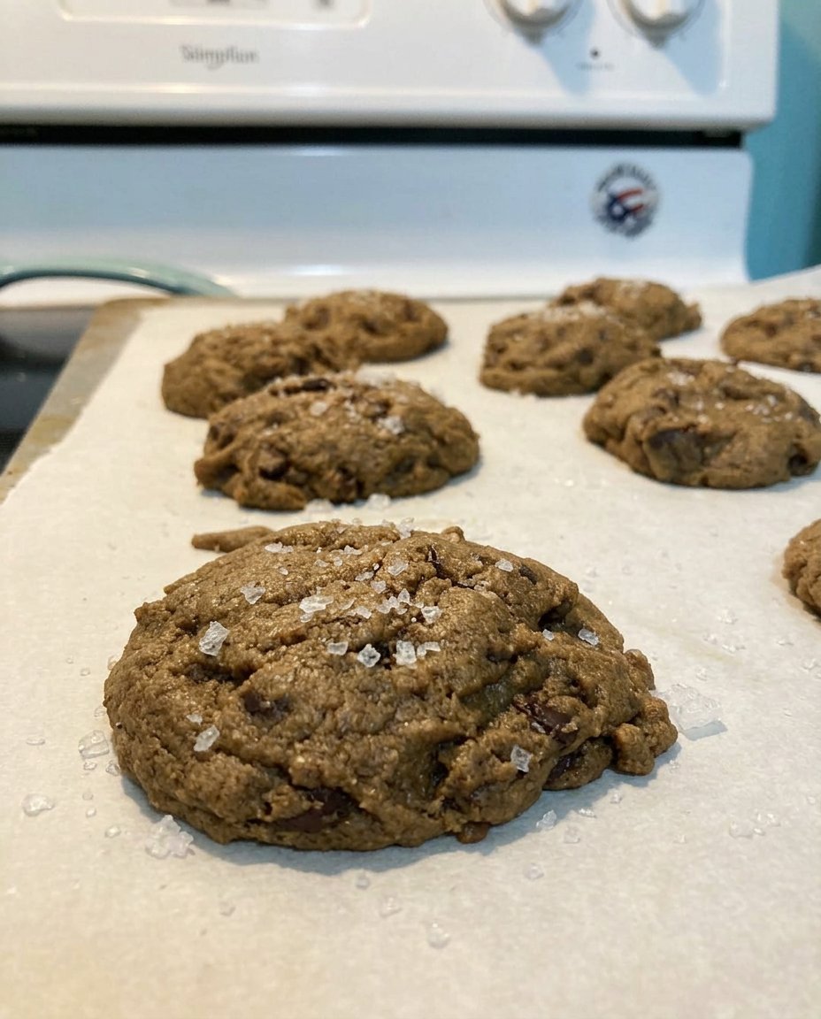 A tray of golden espresso chocolate chip cookies with melted chocolate.