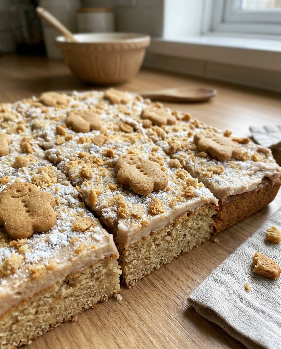 A moist and dark gingerbread cake made from a spice mix in a 9x13 pan.