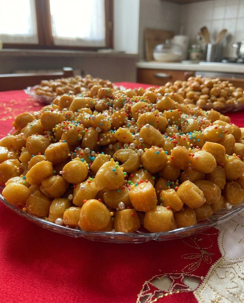A festive platter of Struffoli coated in glossy honey and colorful sprinkles.