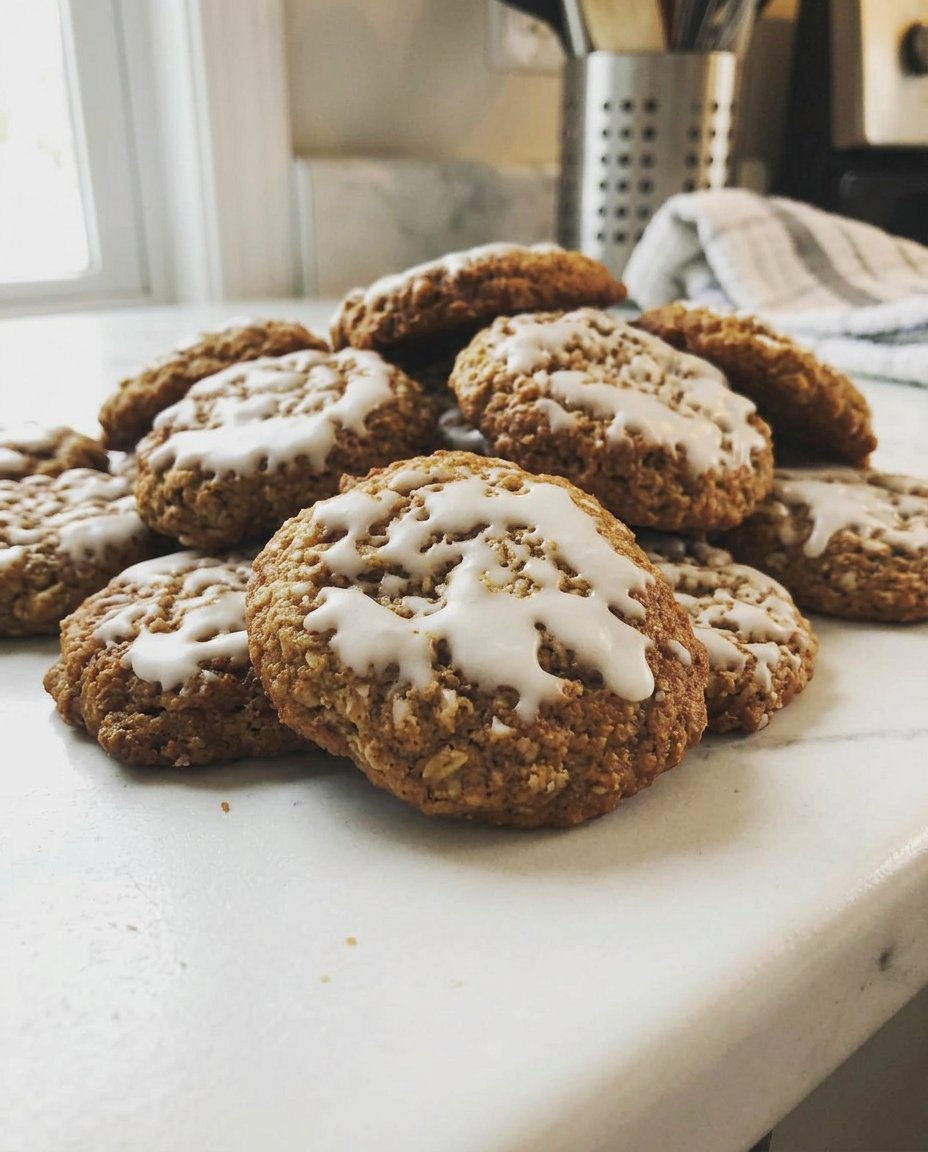 A stack of iced oatmeal cookies on a wooden table with a vintage feel.