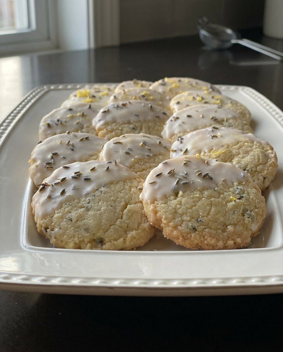 A stack of golden lavender shortbread cookies on a vintage plate.
