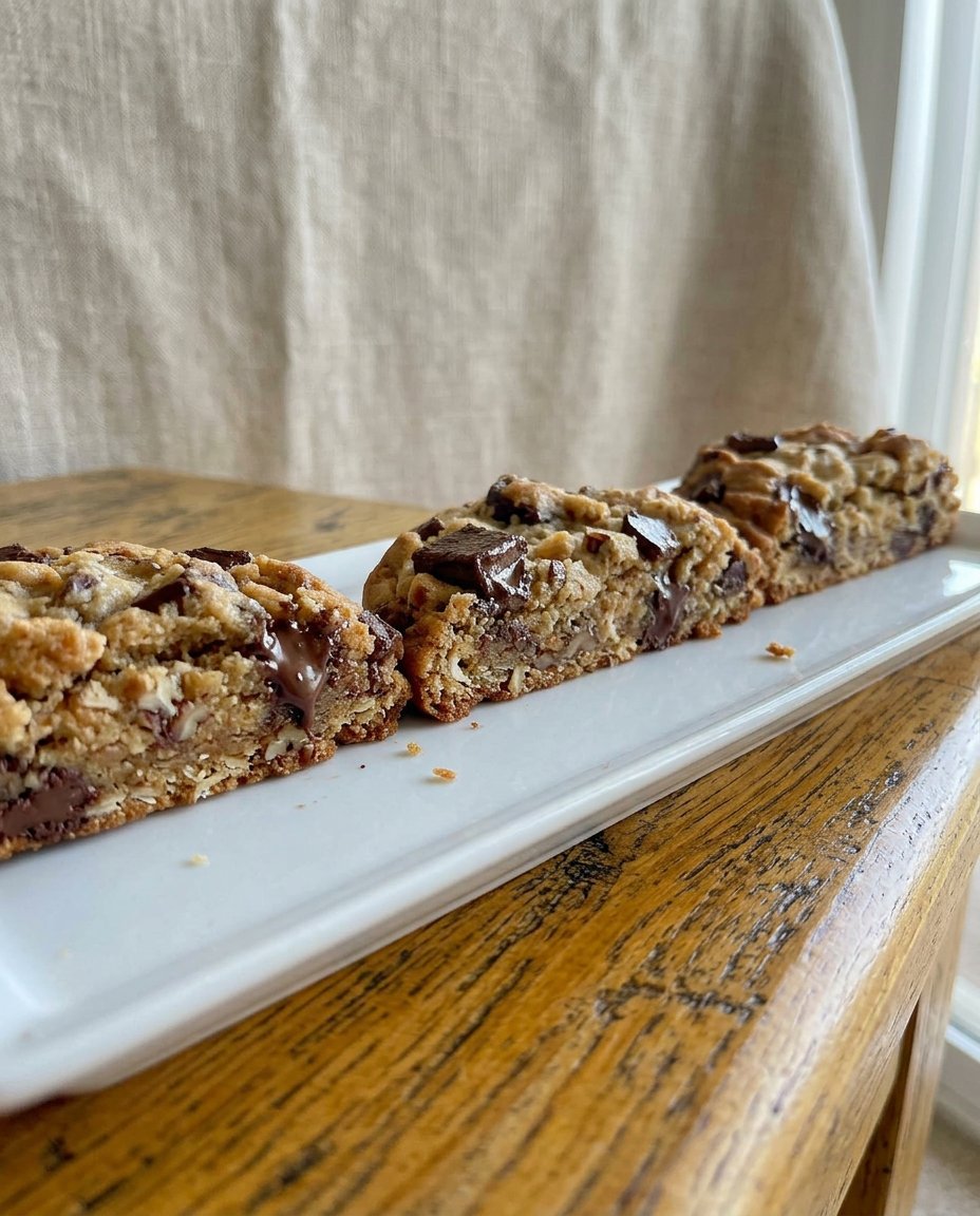 A stack of thick chewy loaded cowboy cookies on a rustic wooden table
